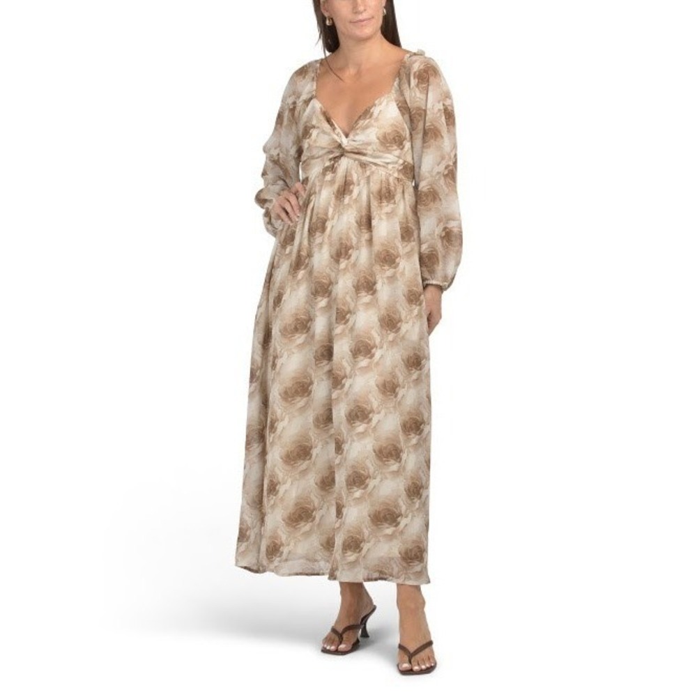 IN FEBRUARY Vintage Look Rose Smocked Back‎ Maxi Dress Size S Mocha Pockets NWT